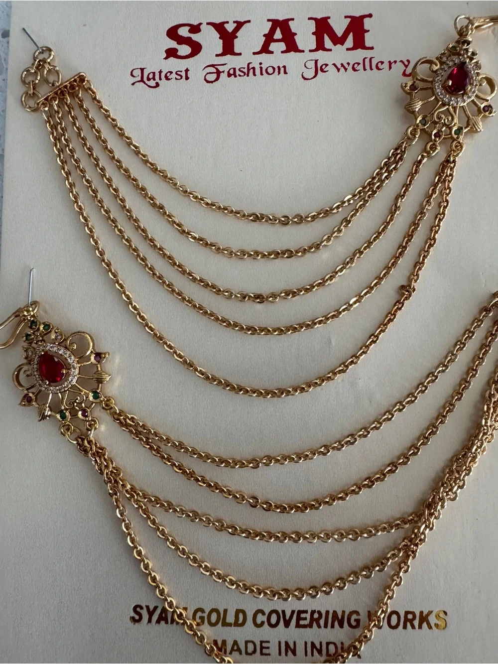 Gold-Tone Multi-Chain with Red Stone for Earring support/Hair Accessories - New